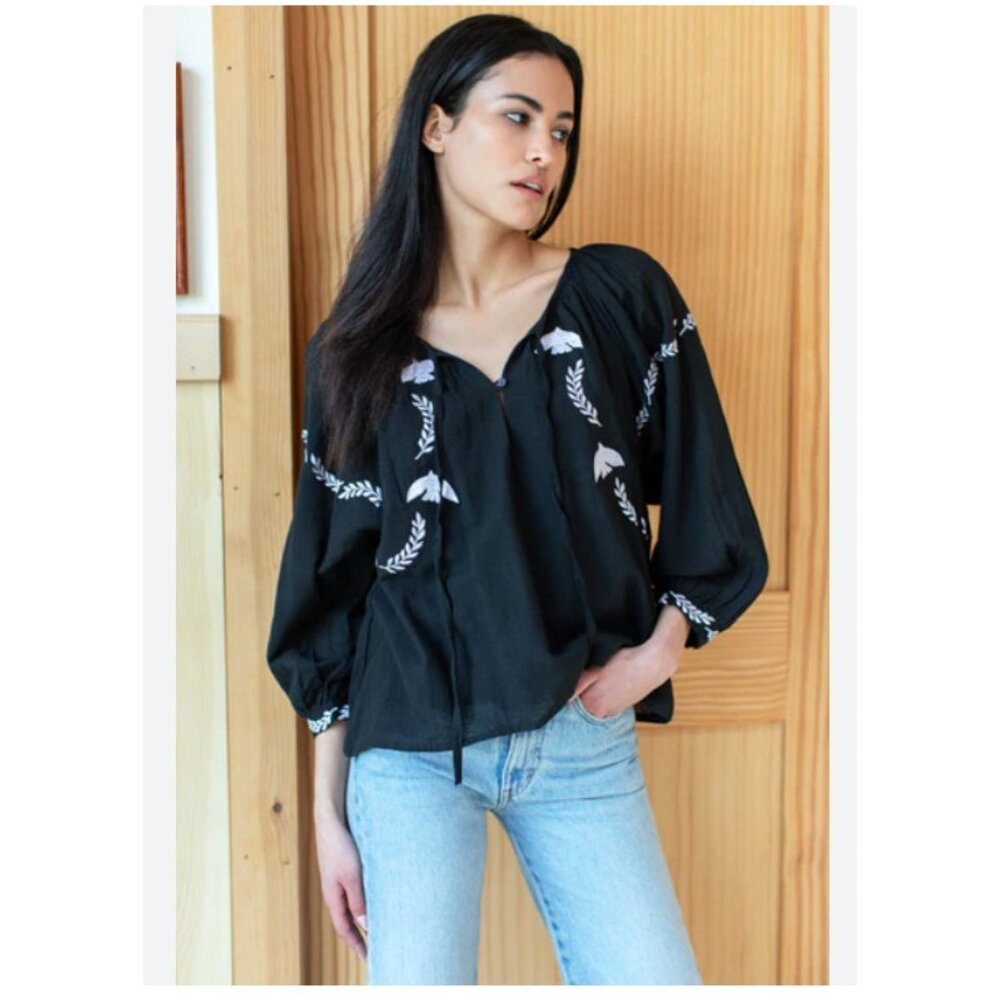 Emerson Fry India Collective Lucy Dove Blouse Women XS Black Embroidered Peasant